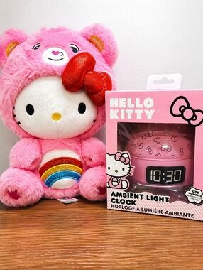 Hello Kitty Care Bear Plush 9.5” Used + Hello Kitty Ambient Clock NIB Cute Lot